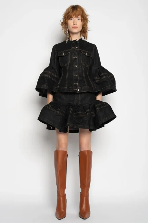 BLACK DENIM SHORT SKIRT WITH FLOUNCE