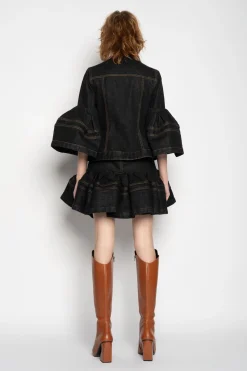 BLACK DENIM SHORT SKIRT WITH FLOUNCE