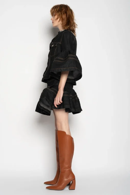 BLACK DENIM SHORT SKIRT WITH FLOUNCE