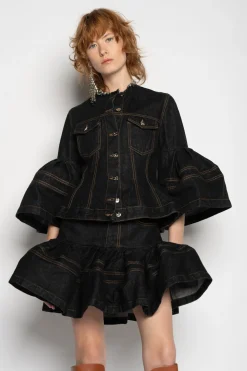 BLACK DENIM SHORT SKIRT WITH FLOUNCE