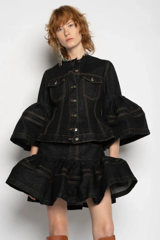 BLACK DENIM SHORT SKIRT WITH FLOUNCE
