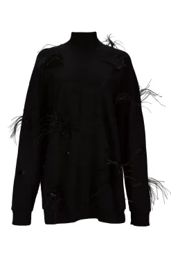 BLACK DISTRESSED TURTLENECK WITH FEATHERS