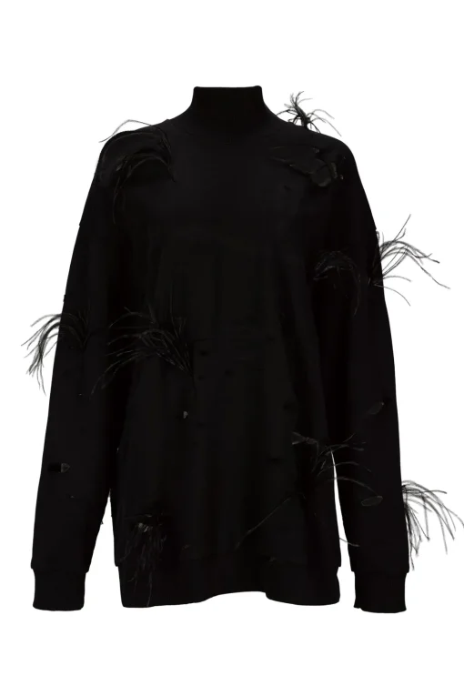BLACK DISTRESSED TURTLENECK WITH FEATHERS
