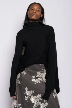 BLACK DRAPED JUMPER IN MERINO KNIT
