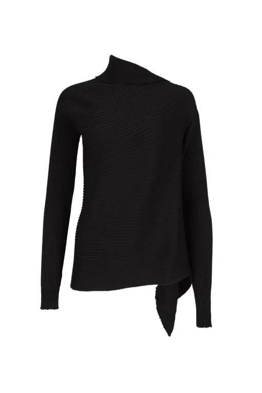 BLACK DRAPED JUMPER IN MERINO KNIT