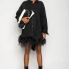 BLACK FEATHER HEM SHIRT DRESS