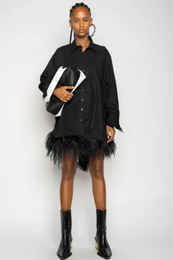 BLACK FEATHER HEM SHIRT DRESS