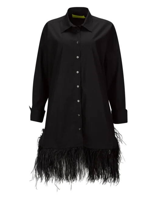 BLACK FEATHER HEM SHIRT DRESS