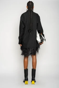 BLACK FEATHER HEM SHIRT DRESS