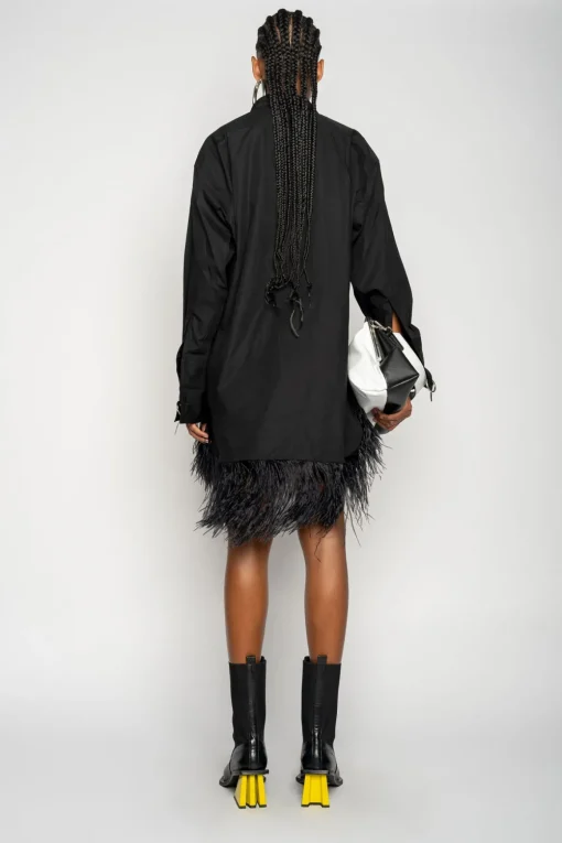 BLACK FEATHER HEM SHIRT DRESS