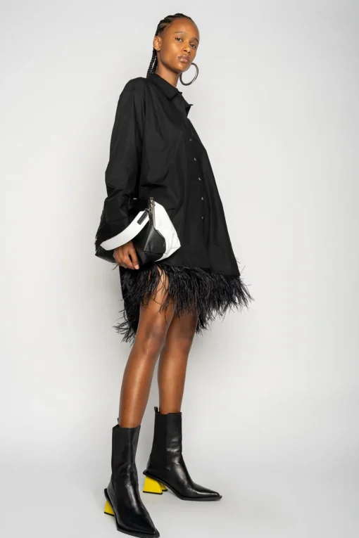 BLACK FEATHER HEM SHIRT DRESS