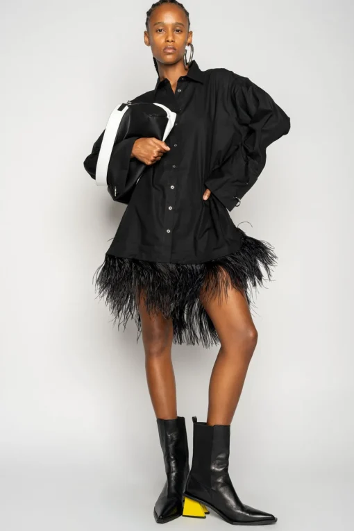 BLACK FEATHER HEM SHIRT DRESS