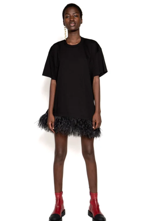 BLACK FEATHER HEM T-SHIRT DRESS