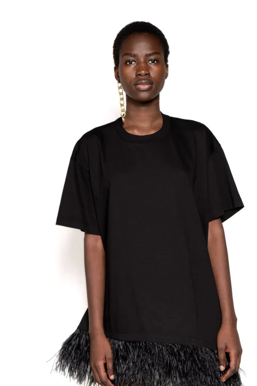 BLACK FEATHER HEM T-SHIRT DRESS