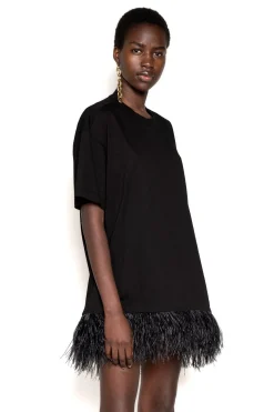 BLACK FEATHER HEM T-SHIRT DRESS