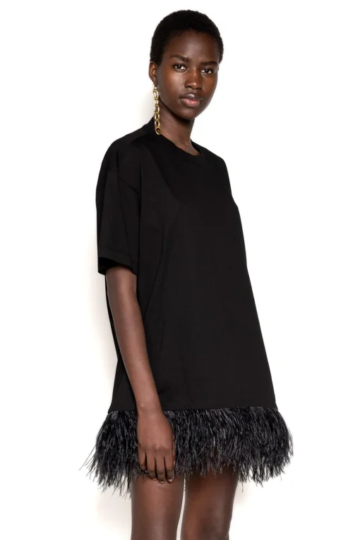 BLACK FEATHER HEM T-SHIRT DRESS
