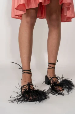 BLACK FEATHER STRAPPY SANDAL