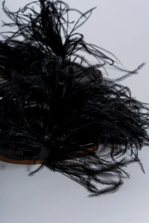 BLACK FEATHER STRAPPY SANDAL