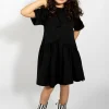 BLACK GATHERED JERSEY T-SHIRT DRESS