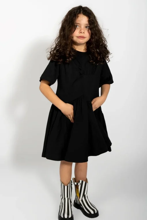 BLACK GATHERED JERSEY T-SHIRT DRESS