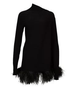 BLACK MERINO WOOL DRAPED JUMPER WITH FEATHERS