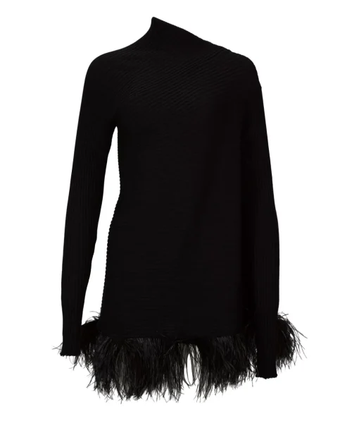 BLACK MERINO WOOL DRAPED JUMPER WITH FEATHERS
