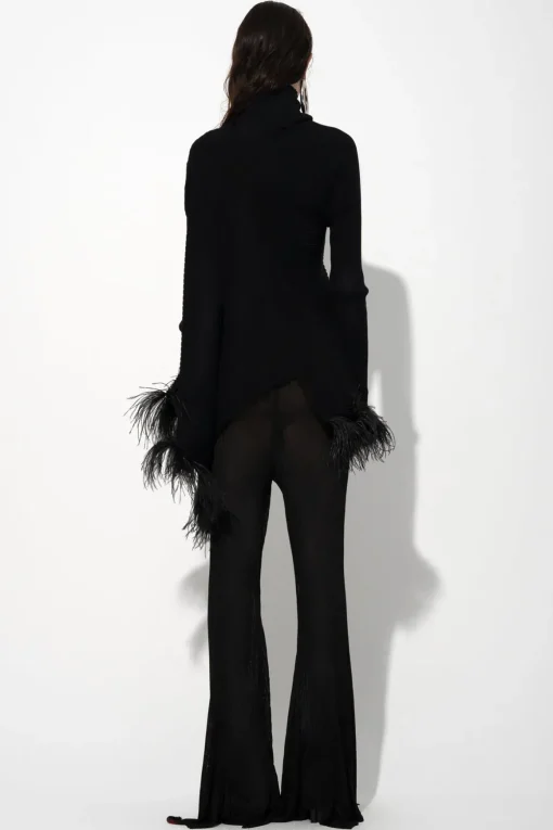 BLACK MERINO WOOL DRAPED JUMPER WITH FEATHERS