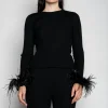 BLACK MERINO WOOL FITTED TOP WITH FEATHERS