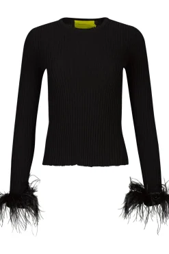BLACK MERINO WOOL FITTED TOP WITH FEATHERS