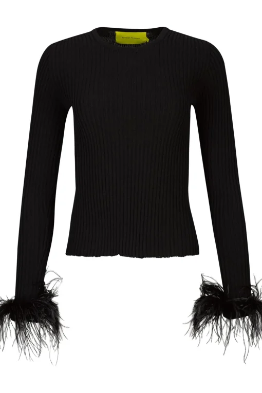 BLACK MERINO WOOL FITTED TOP WITH FEATHERS