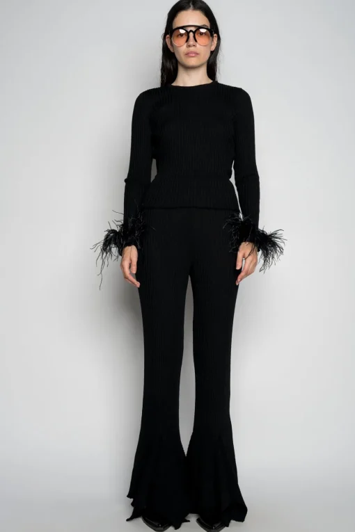 BLACK MERINO WOOL FITTED TOP WITH FEATHERS