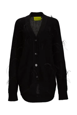 BLACK MERINO WOOL OVERSIZE CARDIGAN WITH FEATHERS