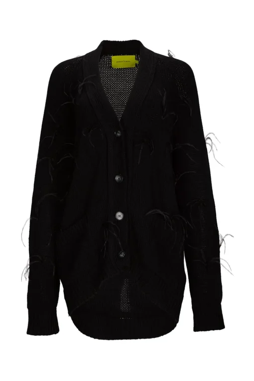 BLACK MERINO WOOL OVERSIZE CARDIGAN WITH FEATHERS