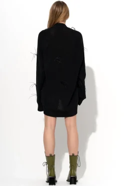 BLACK MERINO WOOL OVERSIZE CARDIGAN WITH FEATHERS