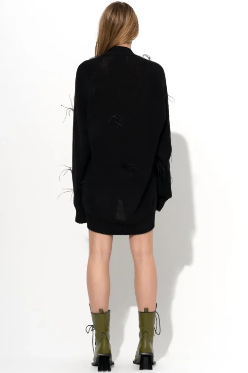 BLACK MERINO WOOL OVERSIZE CARDIGAN WITH FEATHERS