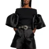 BLACK MIKADO OFF SHOULDER PUFF SLEEVE TOP