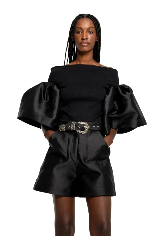 BLACK MIKADO OFF SHOULDER PUFF SLEEVE TOP
