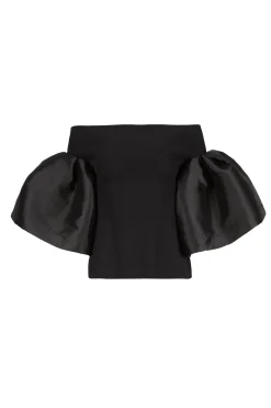 BLACK MIKADO OFF SHOULDER PUFF SLEEVE TOP