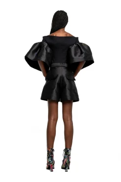 BLACK MIKADO OFF SHOULDER PUFF SLEEVE TOP