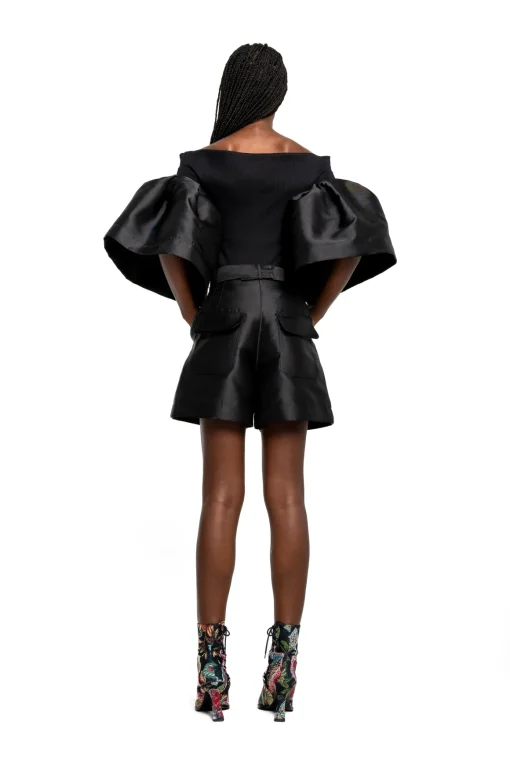 BLACK MIKADO OFF SHOULDER PUFF SLEEVE TOP