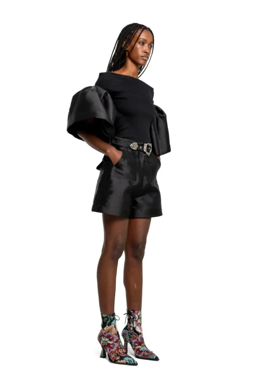 BLACK MIKADO OFF SHOULDER PUFF SLEEVE TOP