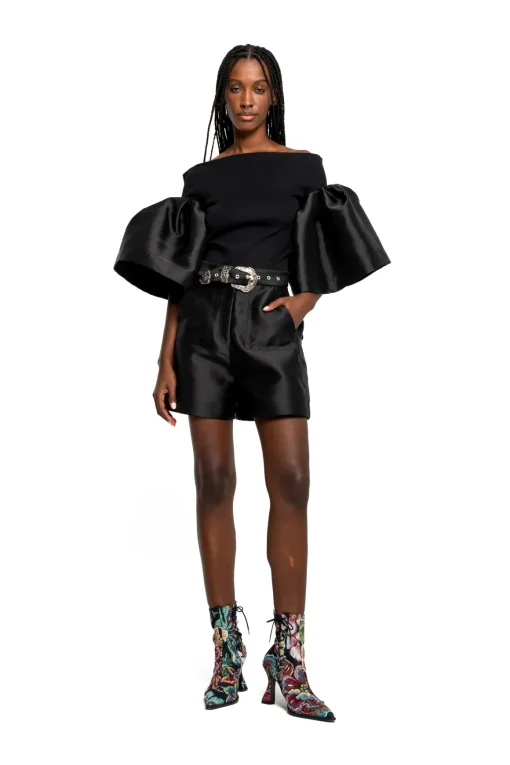 BLACK MIKADO OFF SHOULDER PUFF SLEEVE TOP