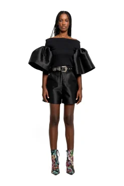 BLACK MIKADO OFF SHOULDER PUFF SLEEVE TOP