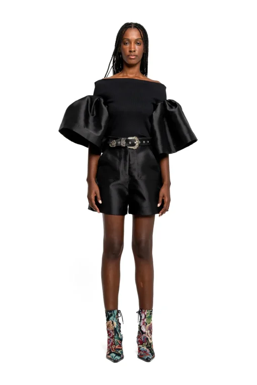BLACK MIKADO OFF SHOULDER PUFF SLEEVE TOP