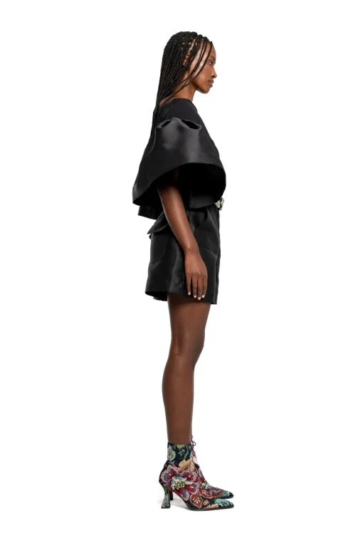 BLACK MIKADO OFF SHOULDER PUFF SLEEVE TOP