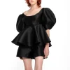 BLACK MIKADO TOP WITH PEPLUM AND BALLON SLEEVES
