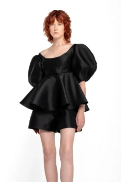BLACK MIKADO TOP WITH PEPLUM AND BALLON SLEEVES