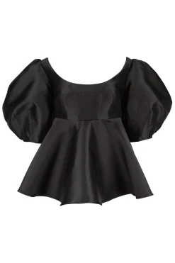 BLACK MIKADO TOP WITH PEPLUM AND BALLON SLEEVES