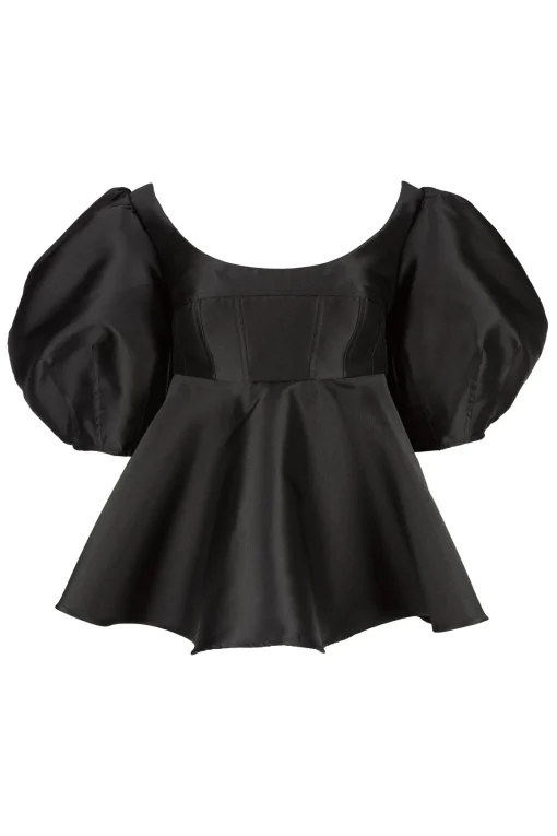 BLACK MIKADO TOP WITH PEPLUM AND BALLON SLEEVES