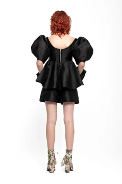 BLACK MIKADO TOP WITH PEPLUM AND BALLON SLEEVES